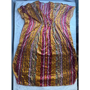 Vintage Winlar Kaftan Cover Up Maxi Muumuu Dress Gold Red Stripes One Size